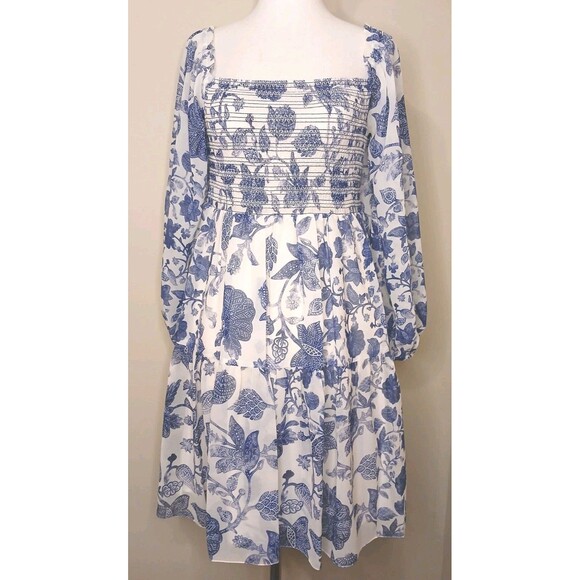 Sachin & Babi Dress Sz Small Blue Floral Shirred Mini w/ Baloon Sleeve Lined NWT - Picture 2 of 16
